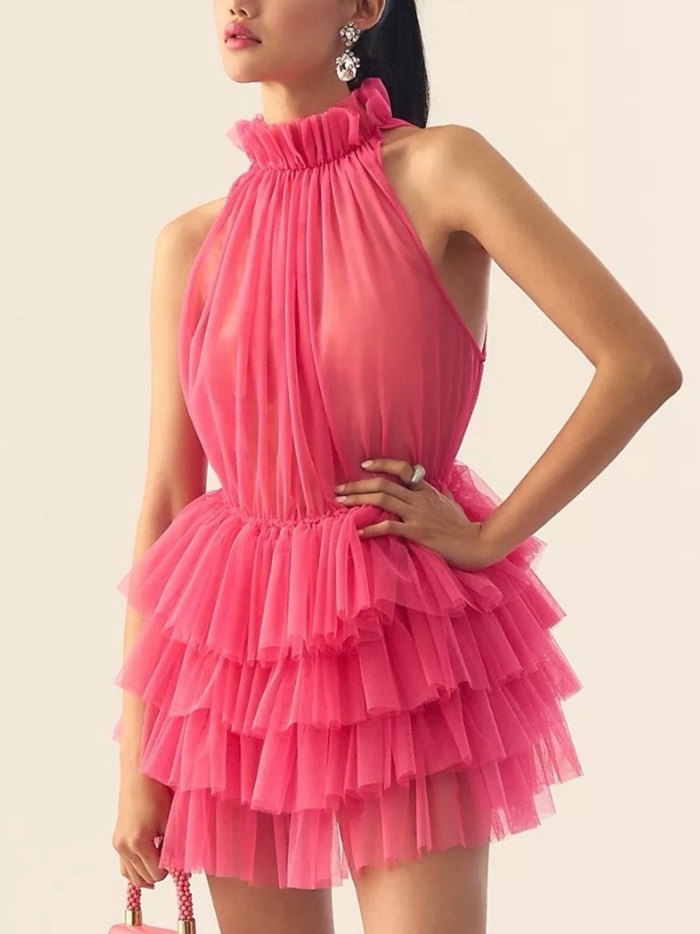 By Anthropologie Tulle Ruffle Halter Tunic Hot Pink Tiered Dress Size One Size